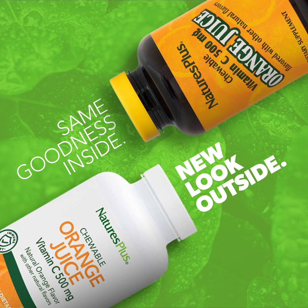 Closeup of the vitamin C chewable tablet highlighting orange flavor and gentle stomach formula.