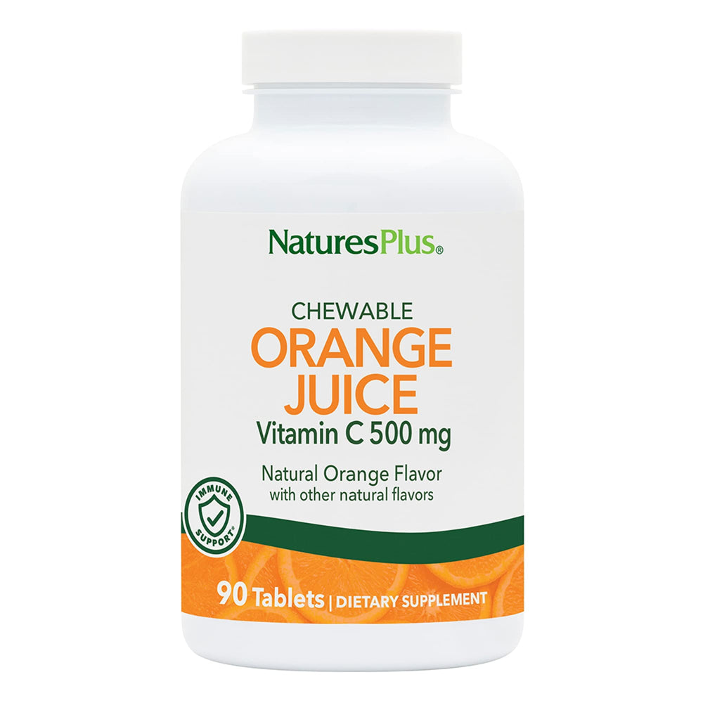 NaturesPlus Orange Juice chewable tablet in bottle front view for immune support.