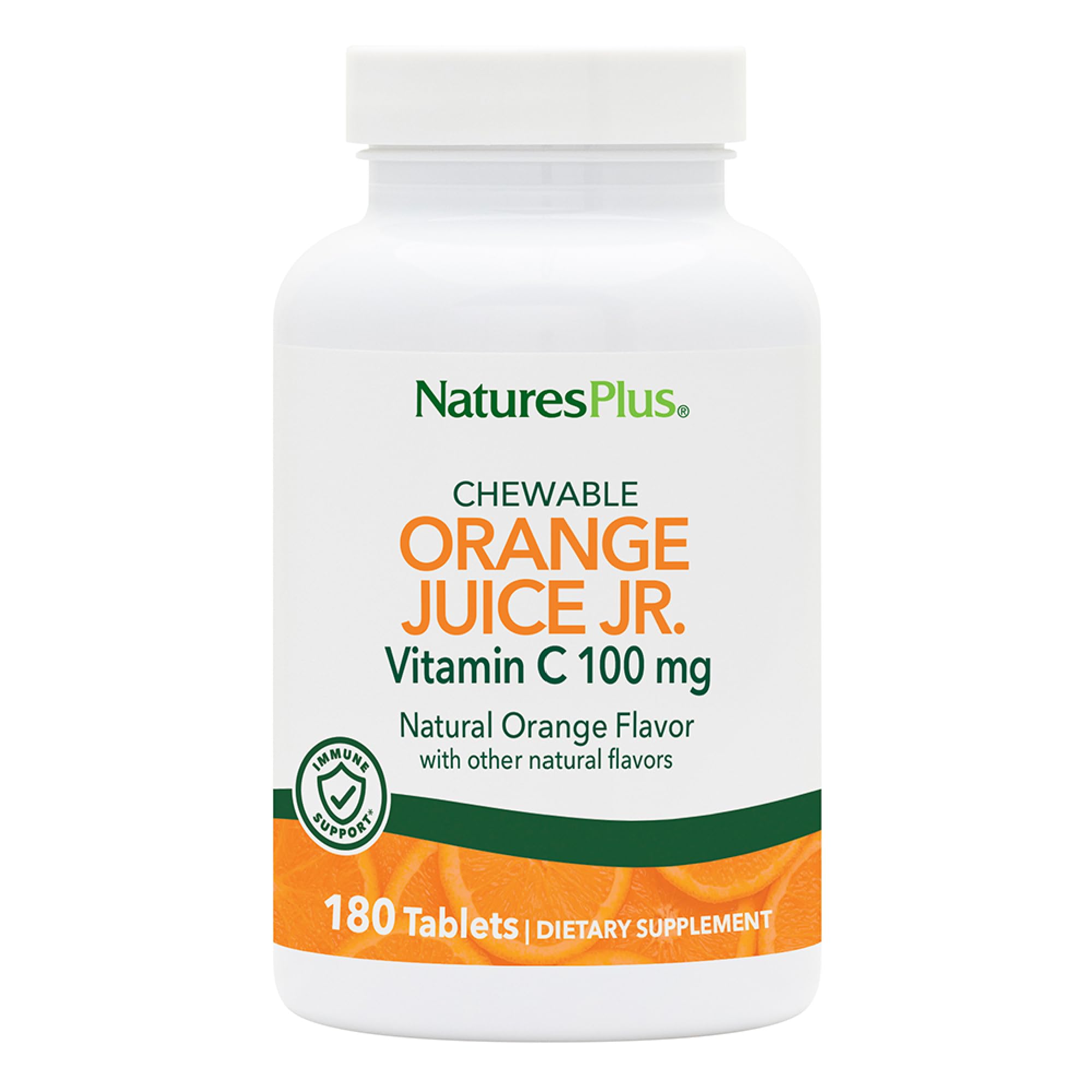 NaturesPlus Orange Juice Jr. chewable tablets front view for easy daily use.