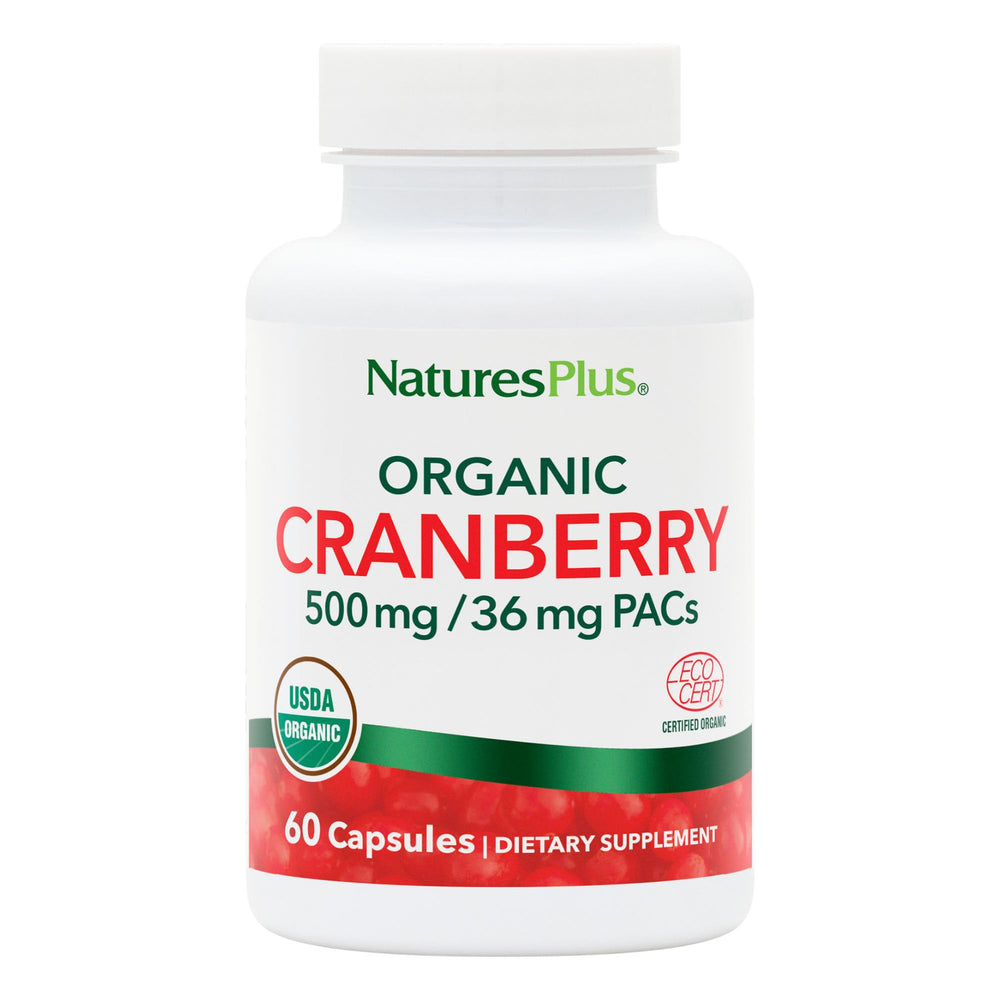 NaturesPlus Organic Cranberry 500 mg bottle with capsules for urinary health.
