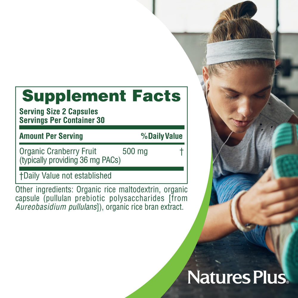 NaturesPlus Cranberry 500 mg label close-up highlighting PACs information.