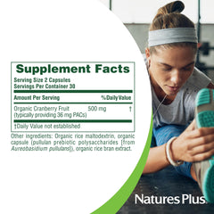 NaturesPlus Cranberry 500 mg label close-up highlighting PACs information.