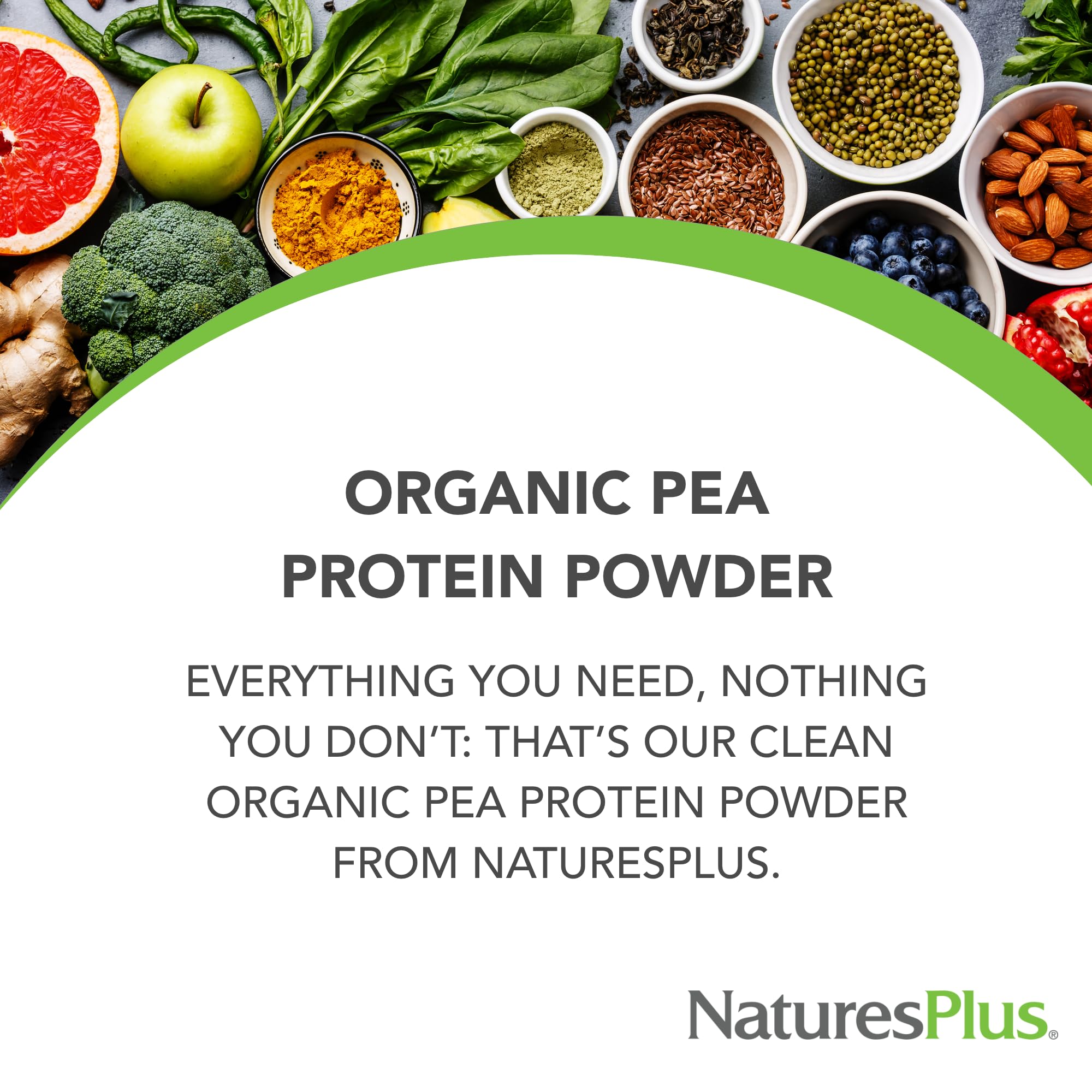 NaturesPlus organic pea protein bag open with textured powder close-up for texture.