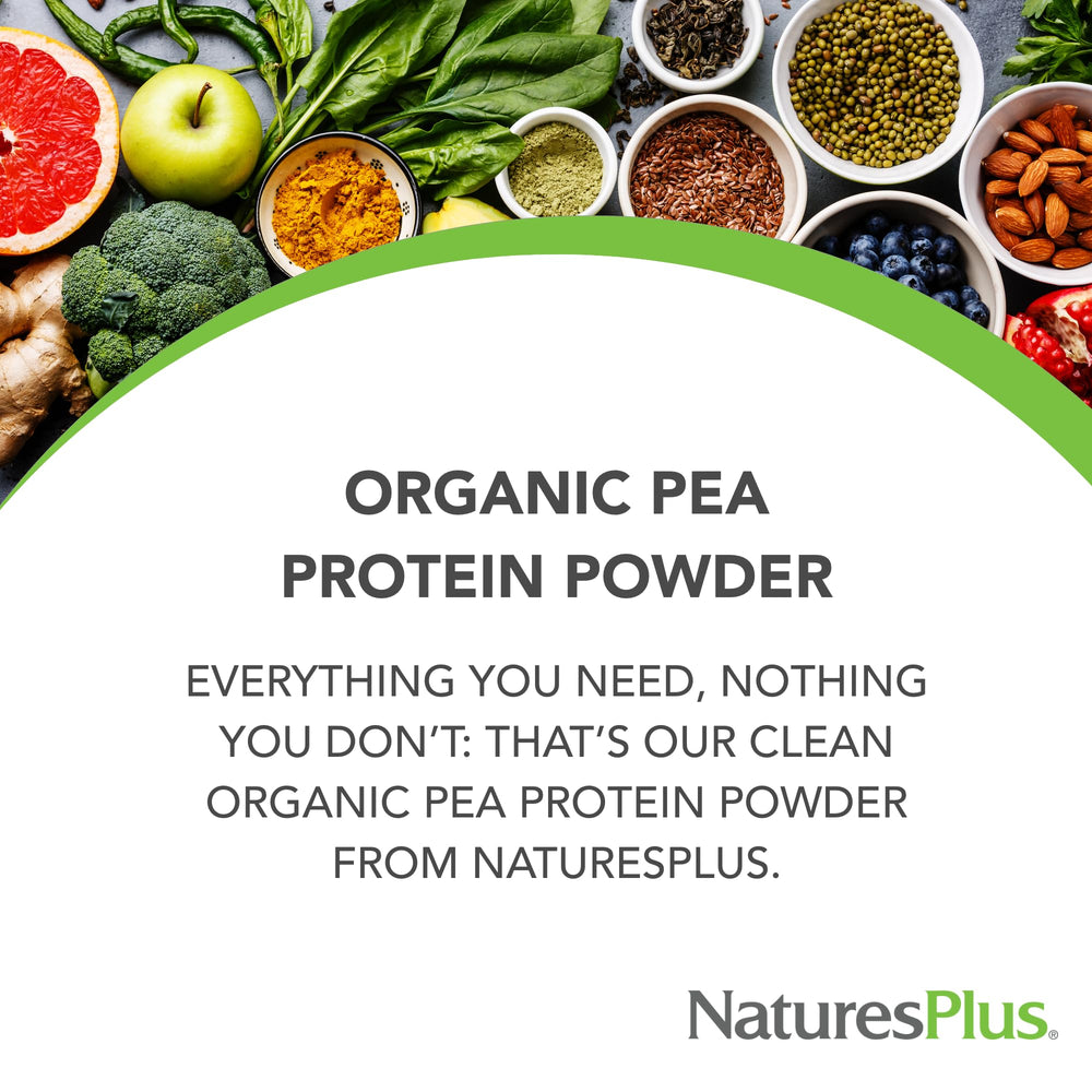 NaturesPlus organic pea protein bag open with textured powder close-up for texture.