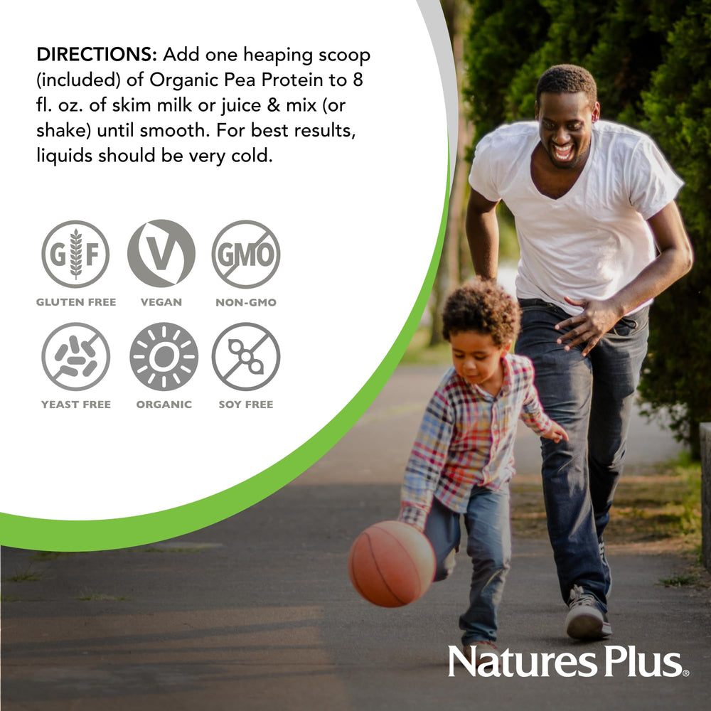 NaturesPlus organic pea protein powder in shaker bottle during workout.
