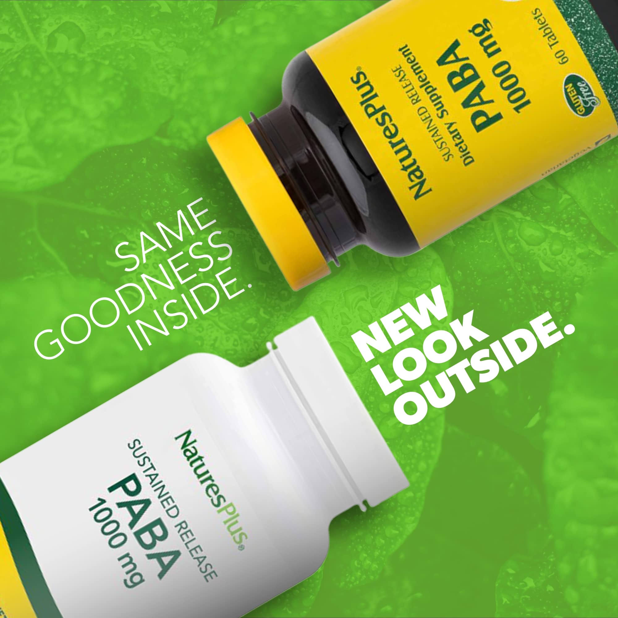 NaturesPlus PABA tablets closeup in vegetarian formula.