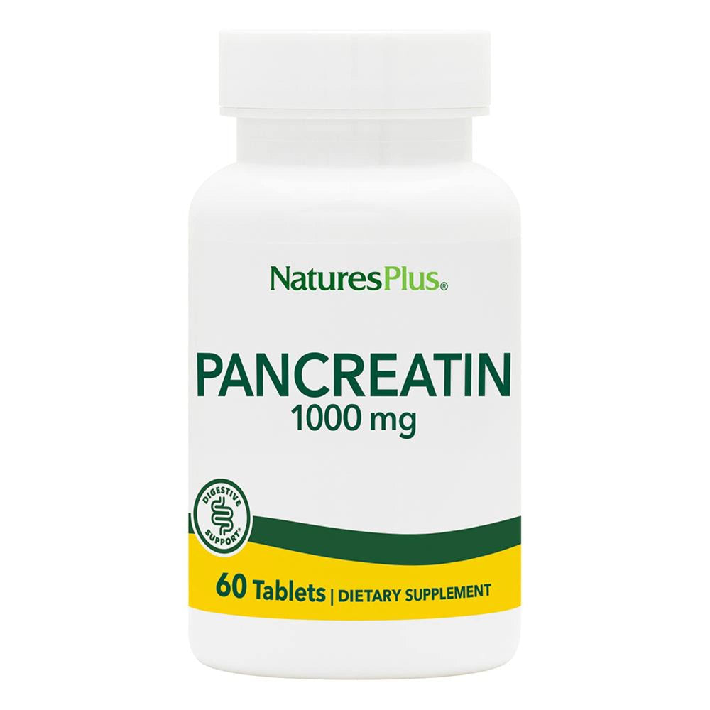 NaturesPlus Pancreatin bottle provides digestive support during meals.