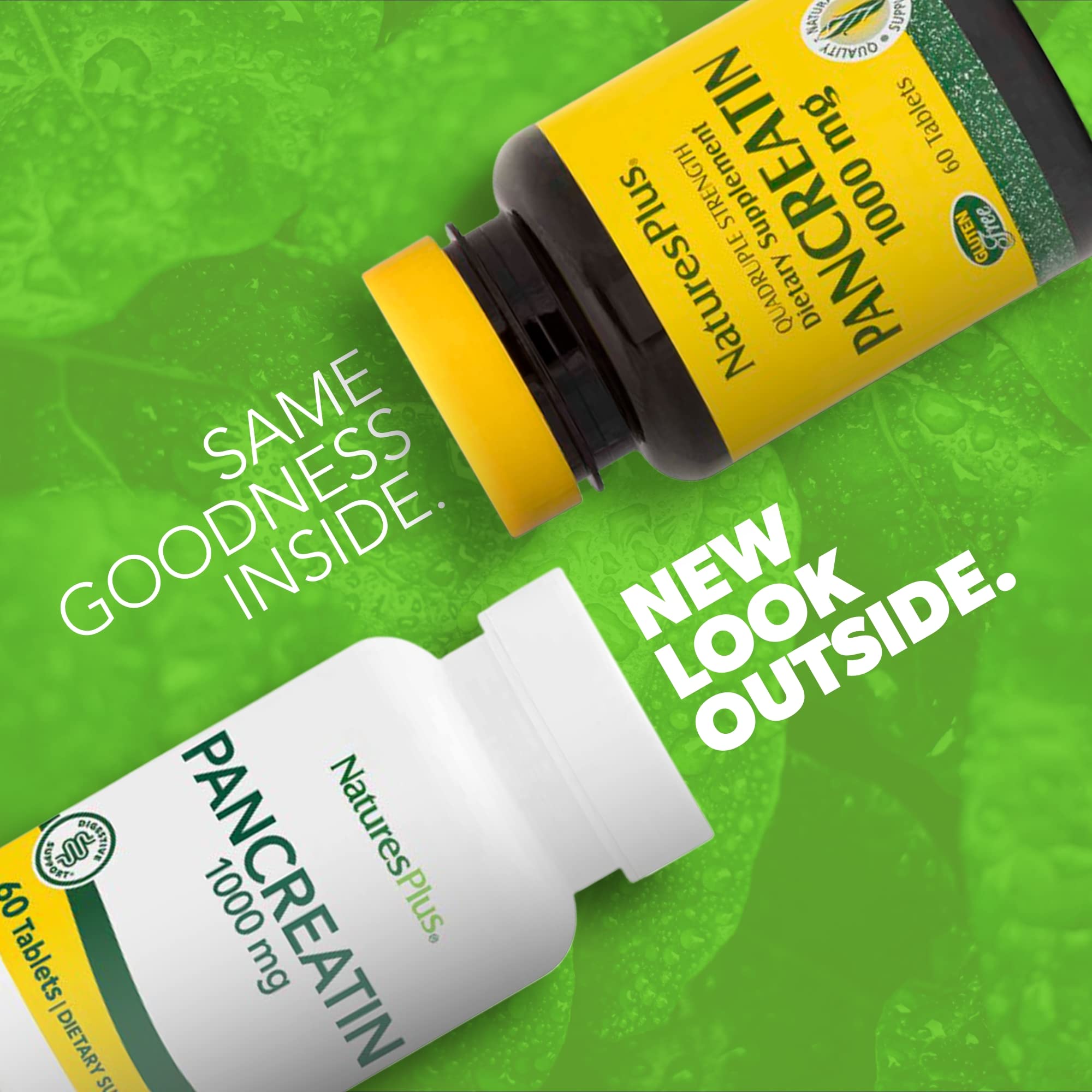Close-up of NaturesPlus Pancreatin tablets showing their gluten-free formulation.