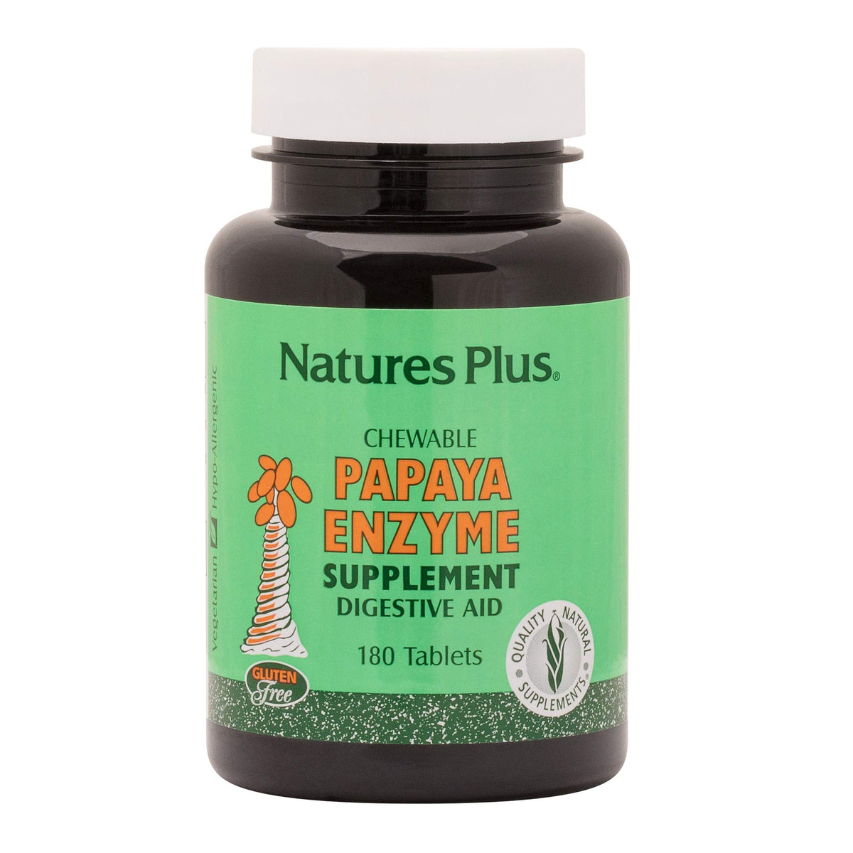 NaturesPlus Papaya Enzyme bottle front with natural papaya flavor for easy digestion