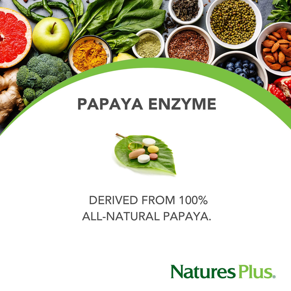 NaturesPlus Papaya Enzyme tablets-closeup shows chewable, convenient daily supplement