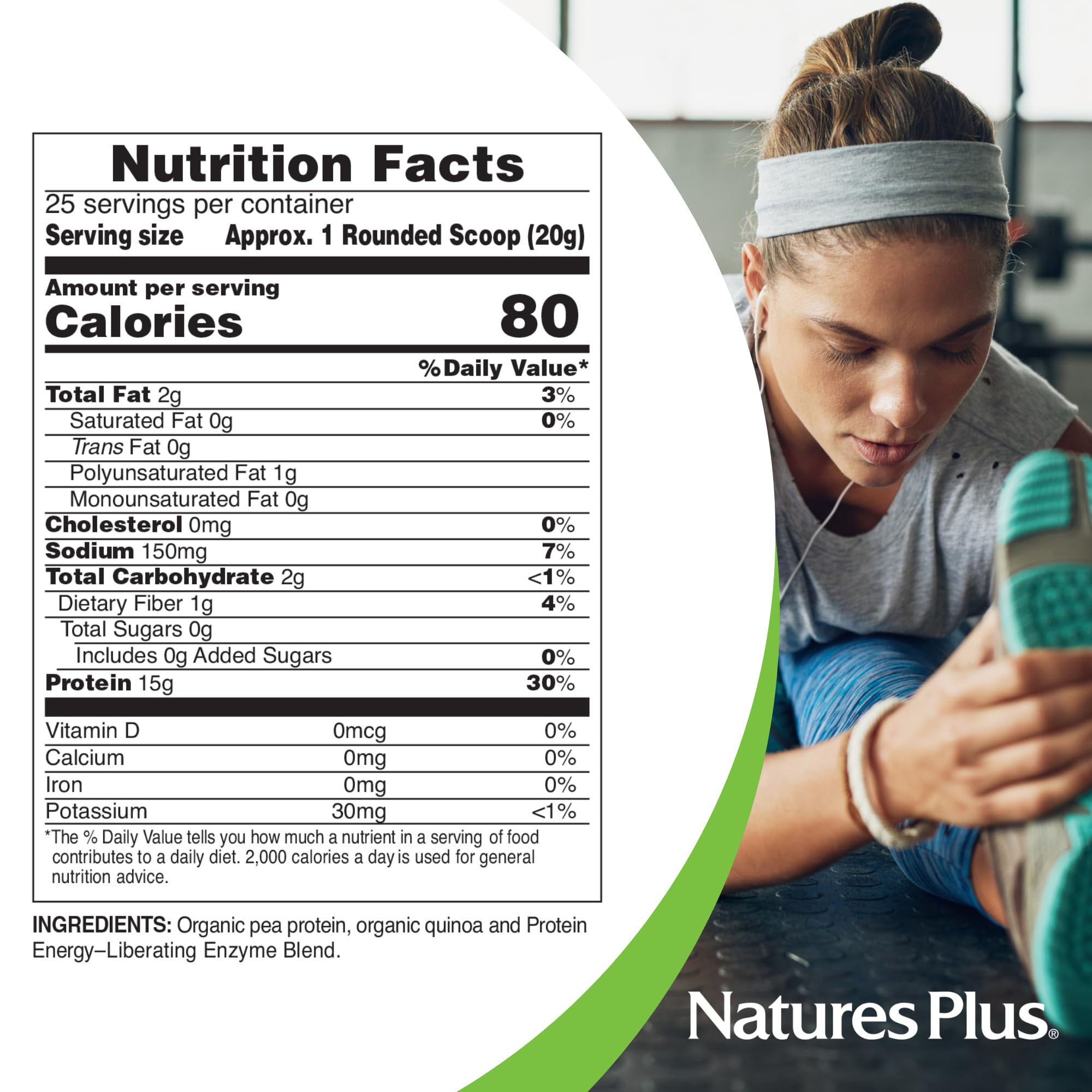 NaturesPlus pea protein packaging showing USDA Organic and Non-GMO seals.