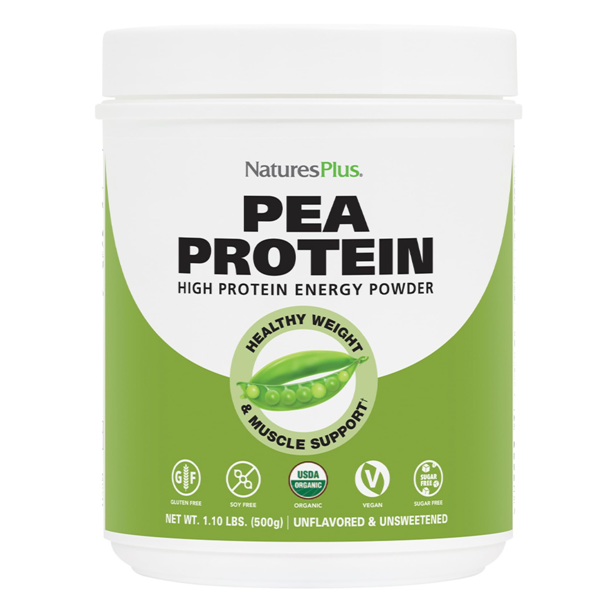 NaturesPlus pea protein powder front view highlighting organic formula for sustained energy.