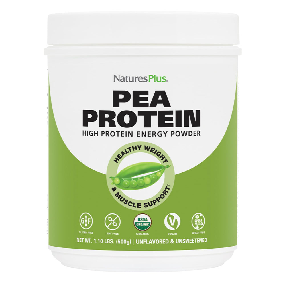 NaturesPlus pea protein powder front view highlighting organic formula for sustained energy.