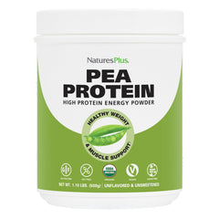 NaturesPlus pea protein powder front view highlighting organic formula for sustained energy.