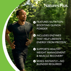 NaturesPlus pea protein scoop in serving glass to illustrate mixability.