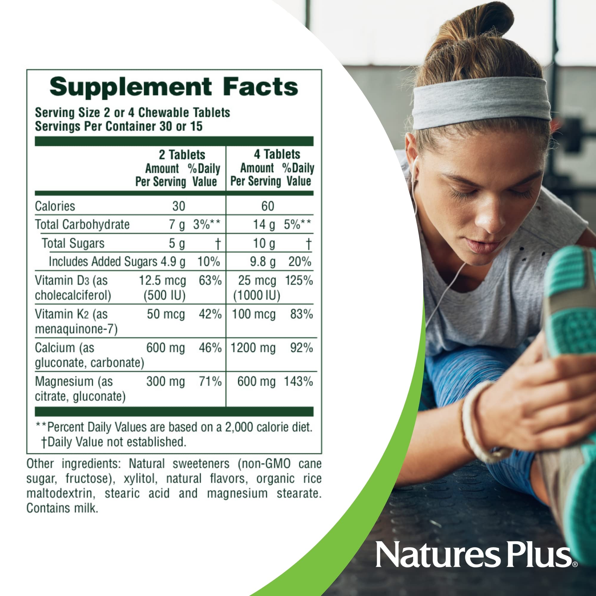 NaturesPlus d3 k2 dose highlights convenient mineral support for daily use.