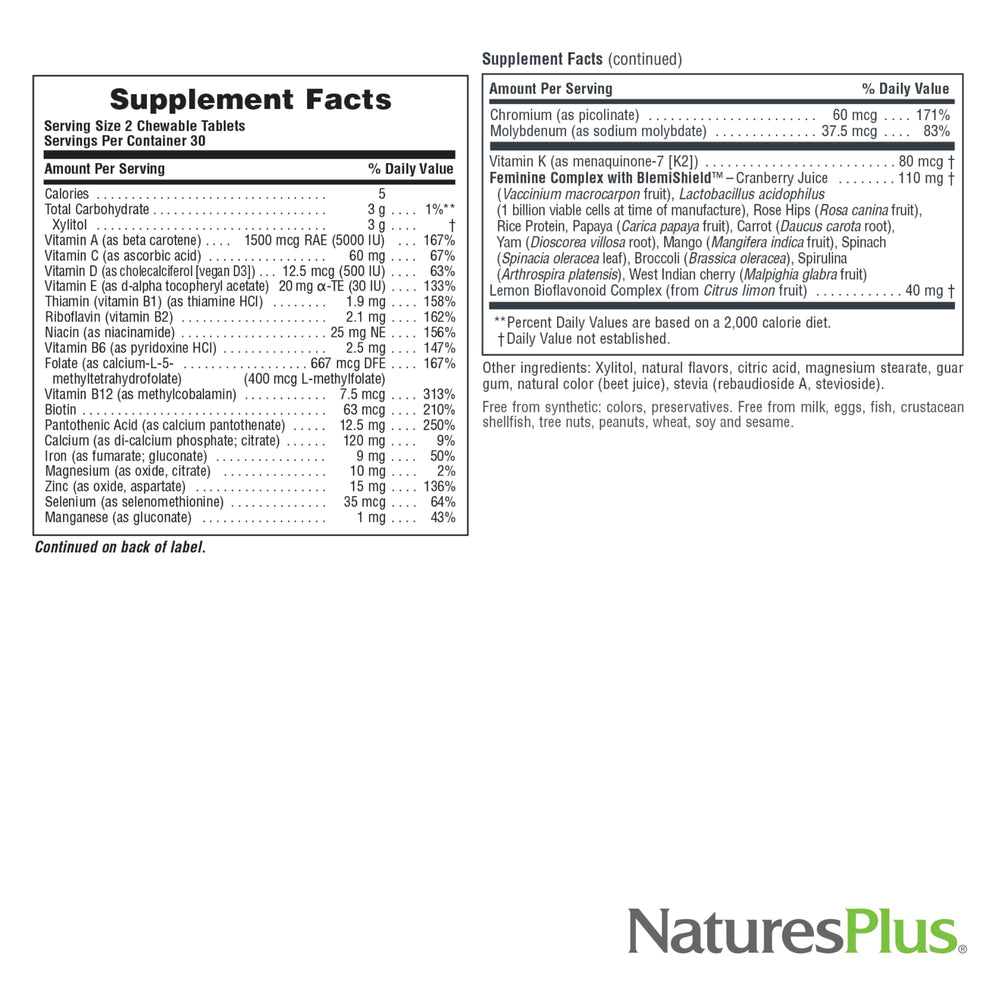 NaturesPlus Power Teen for Her chewable with probiotic K12 M18 blend for daily support.