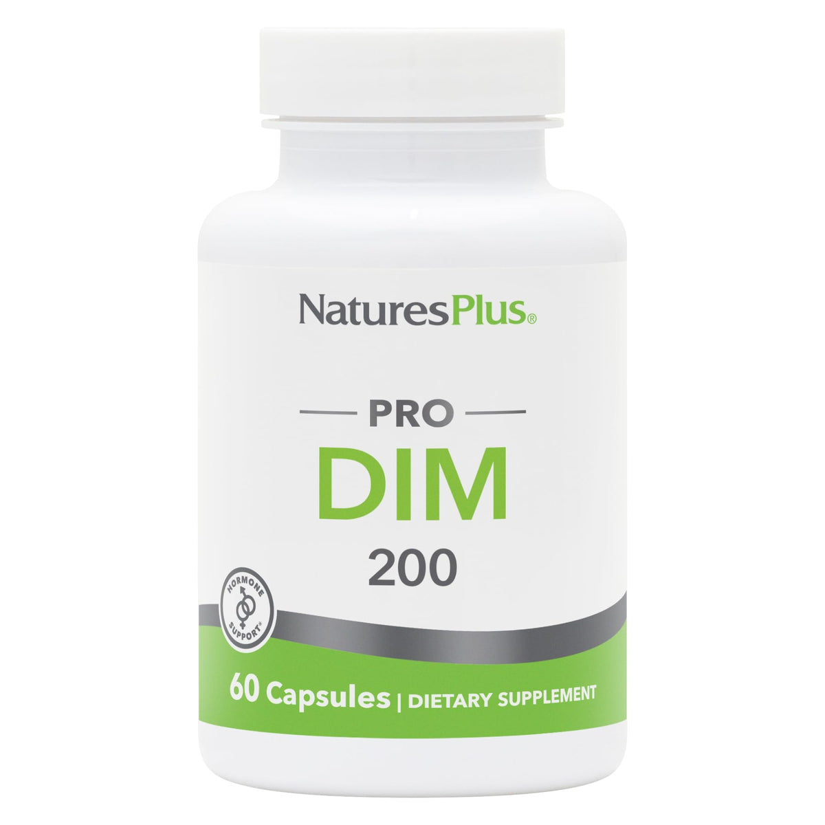 Nature'sPlus PRO DIM bottle label highlights vegan, non-GMO formula for balanced hormones.