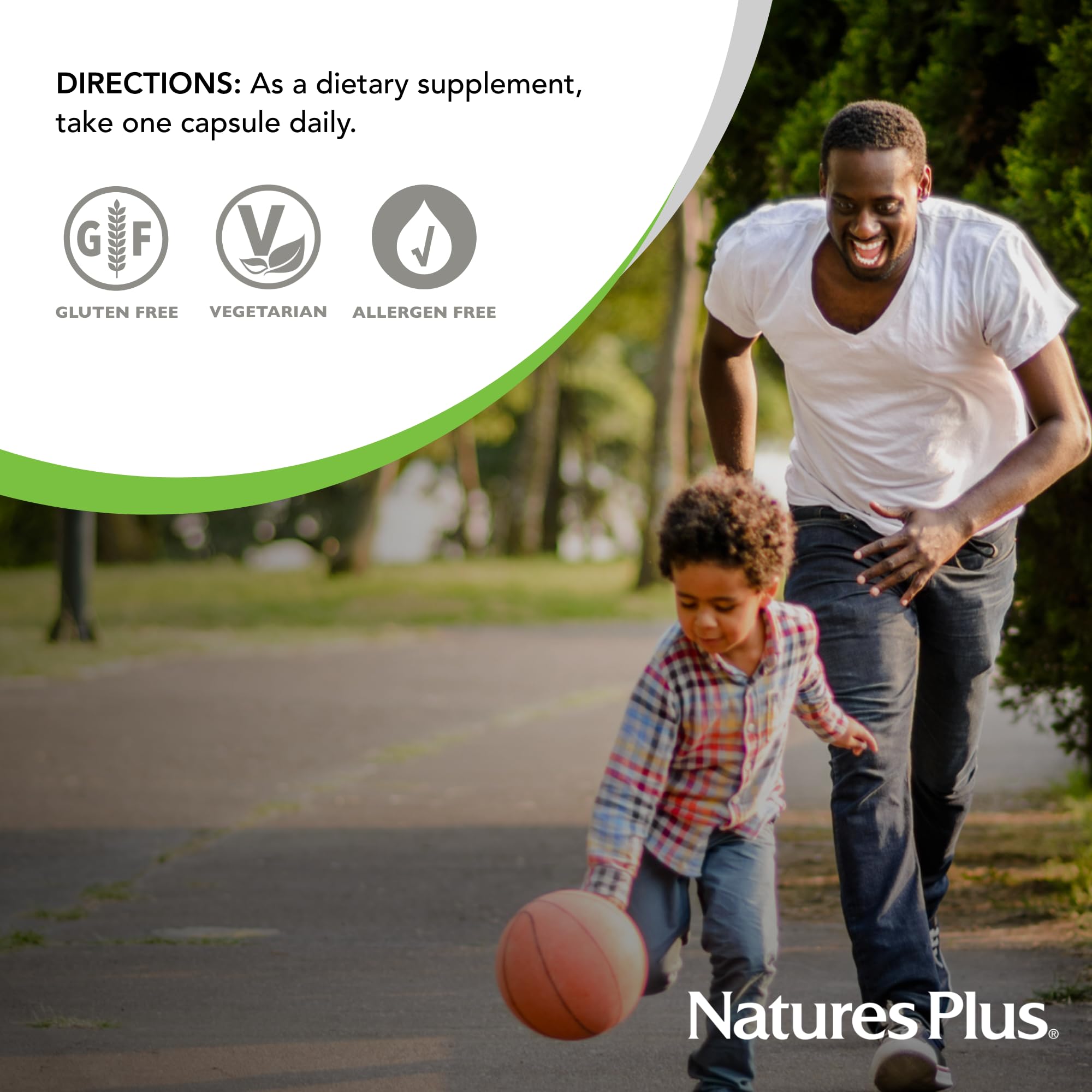NaturesPlus bottle label indicates gluten-free and vegan marks, signaling product integrity.