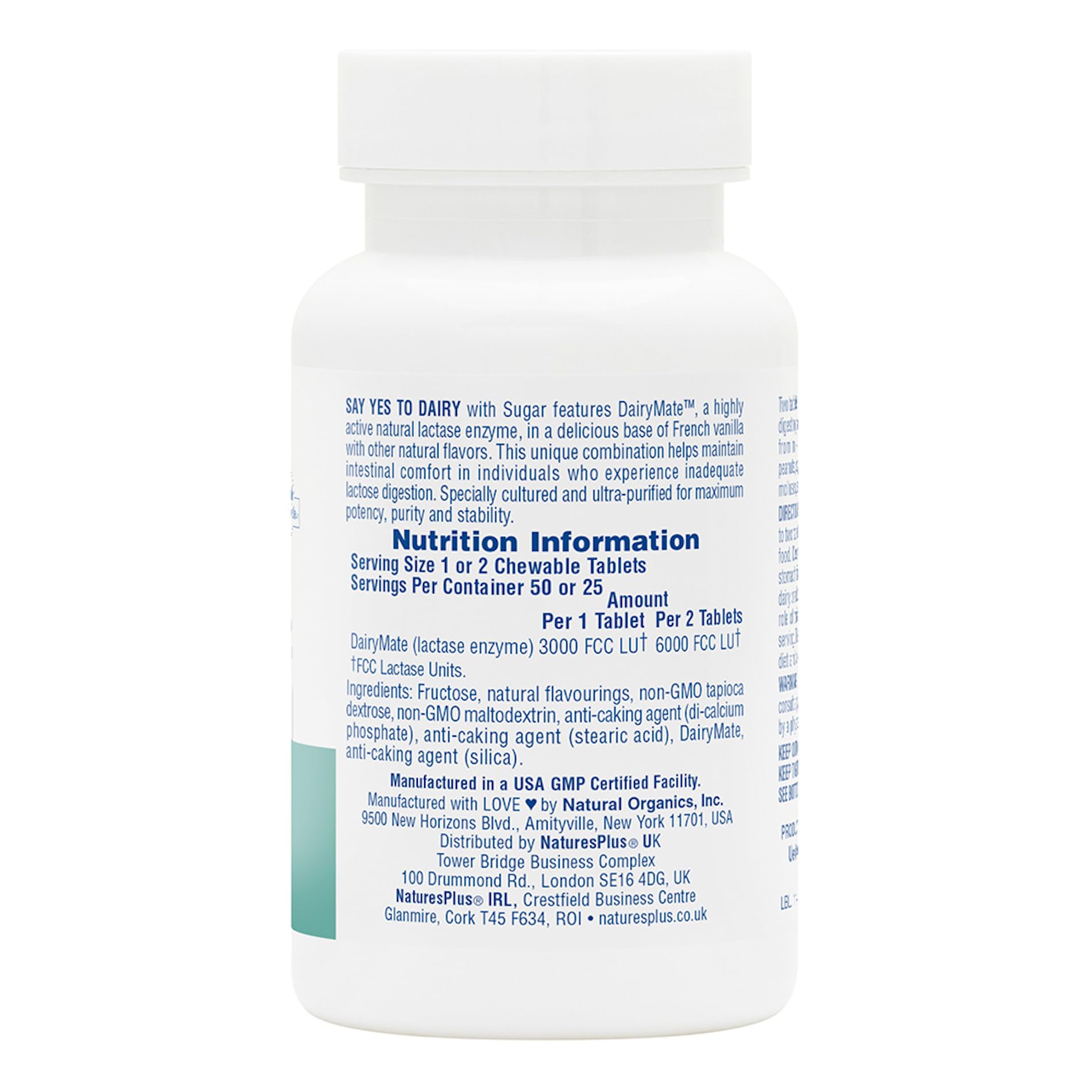 NaturesPlus Say Yes to Dairy tablets close-up highlighting 3000 FCC lactase per chewable