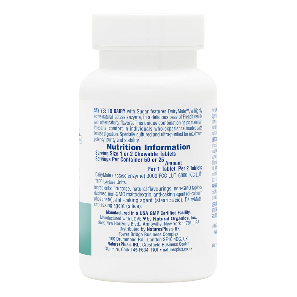 NaturesPlus Say Yes to Dairy tablets close-up highlighting 3000 FCC lactase per chewable
