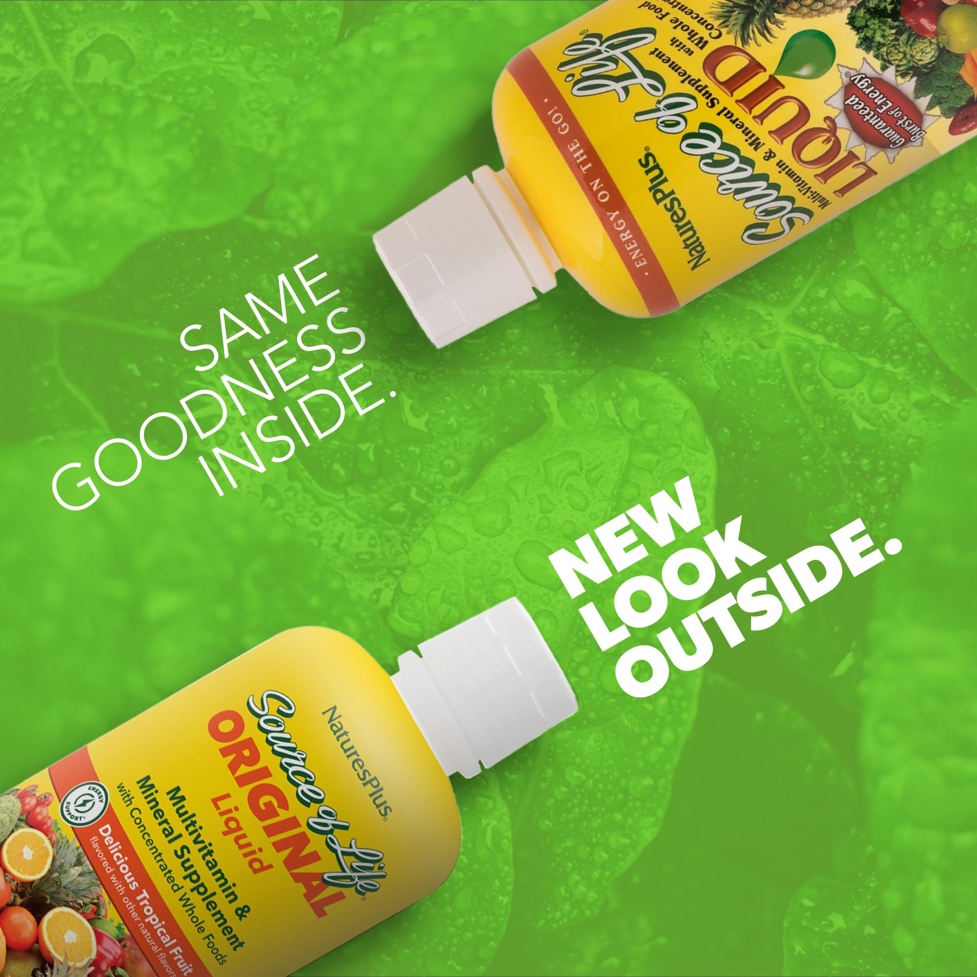 NaturesPlus Source of Life Liquid tropical fruit label closeup, gluten‑free and vegetarian‑friendly