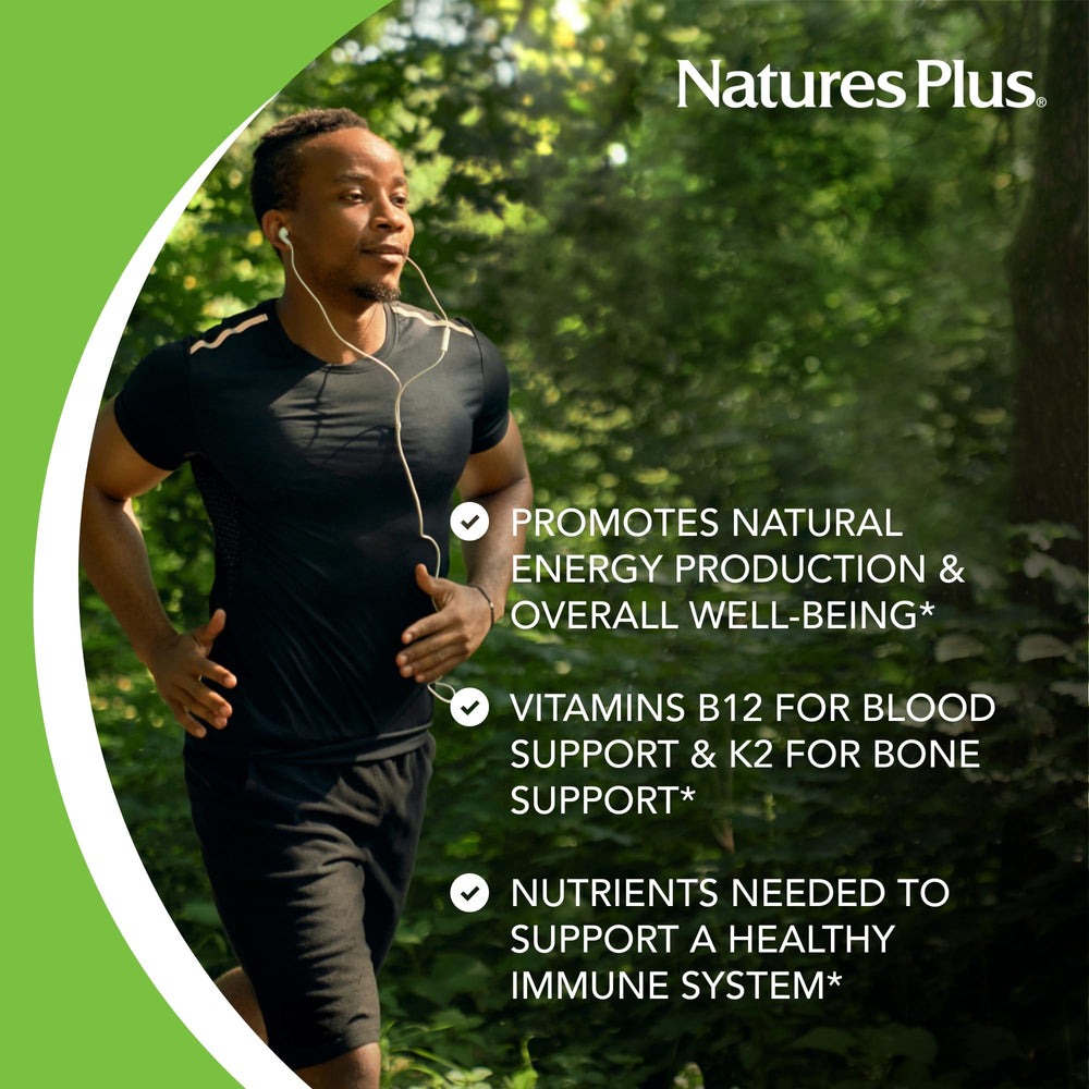 Bottle on counter, NaturesPlus Source of Life 360 Mini-Tabs ready for morning routine.