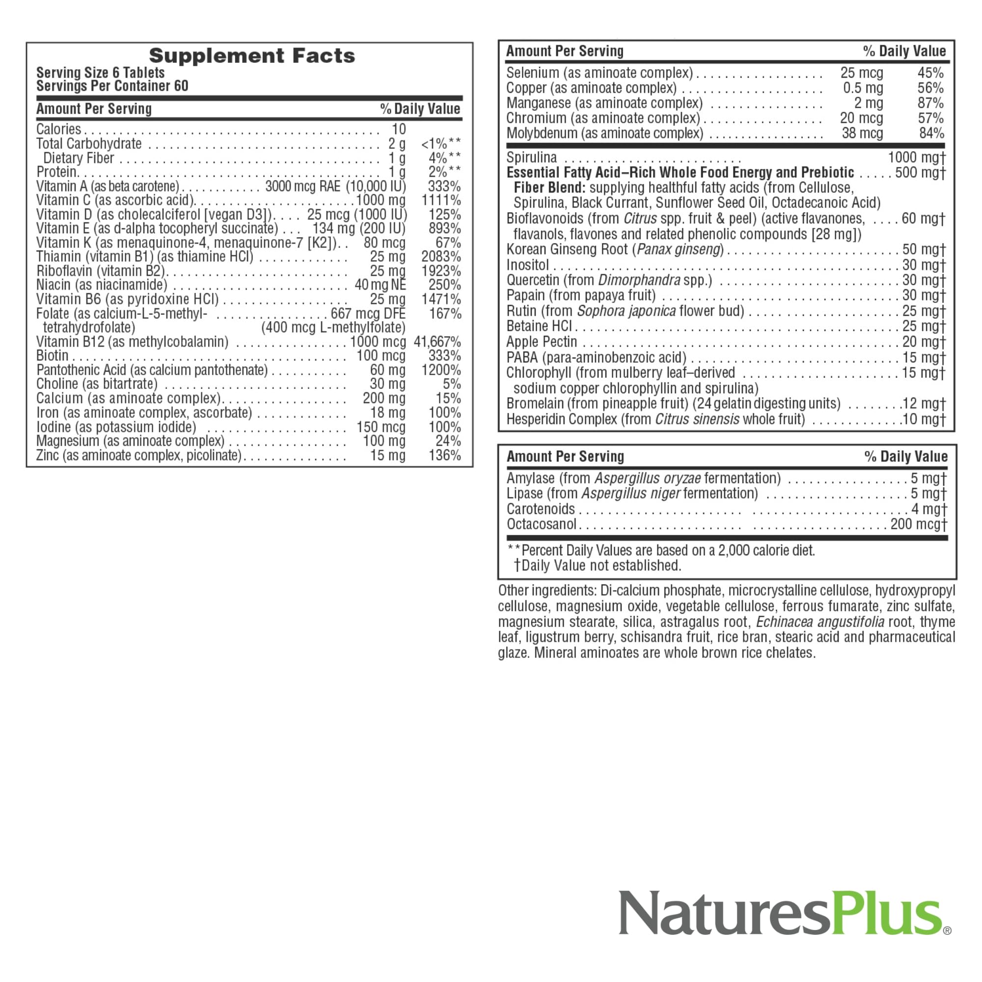 Bottle with water, NaturesPlus Source of Life 360 Mini-Tabs for convenient intake.
