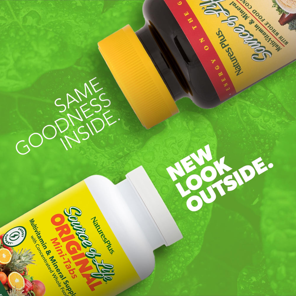 Desk scene shows NaturesPlus Source of Life 360 Mini-Tabs for easy daily wellness.