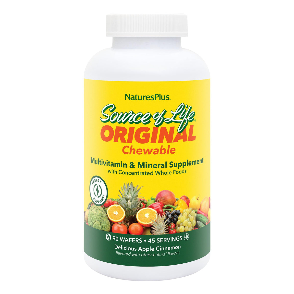 NaturesPlus Source of Life bottle with apple cinnamon flavor for daily wellness.