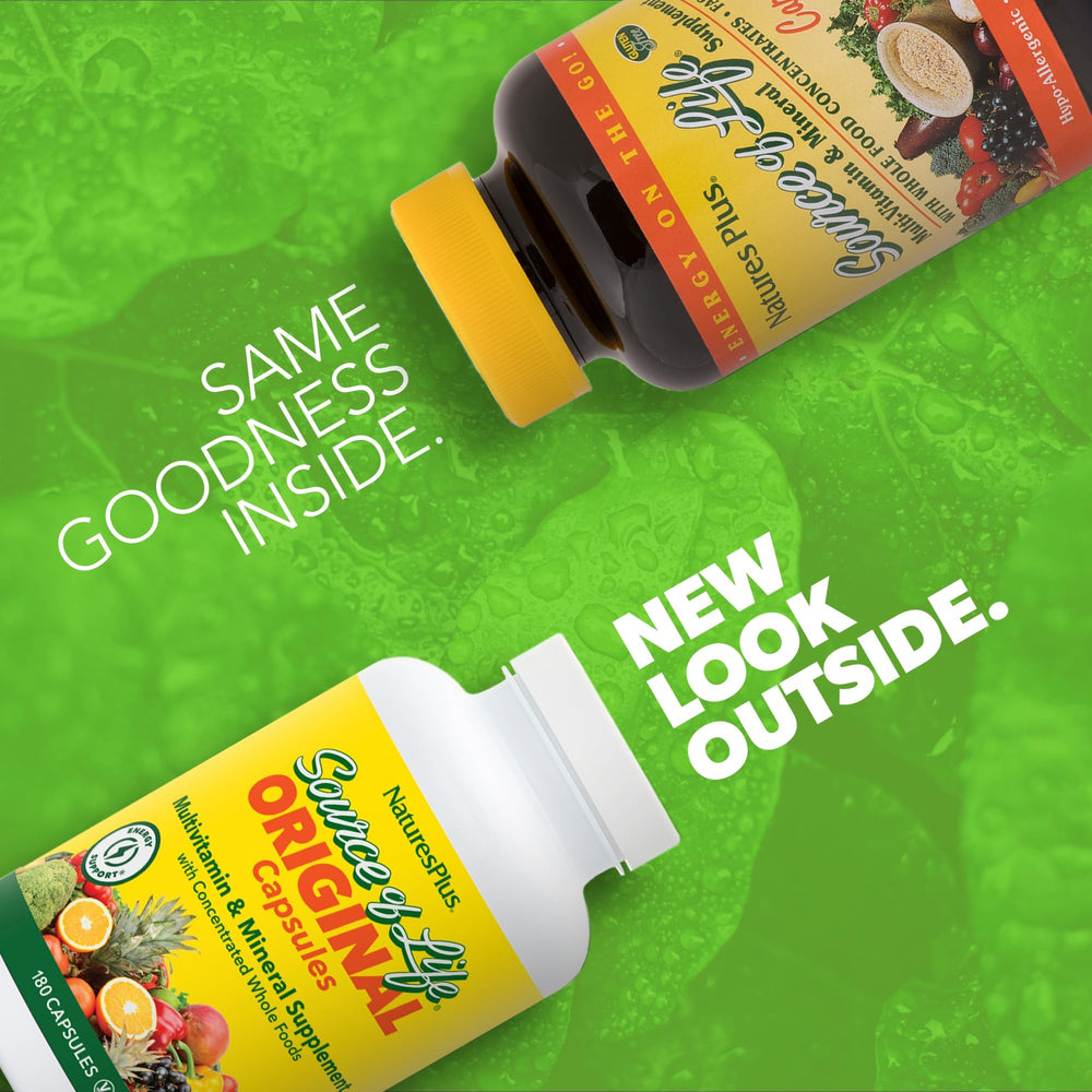 NaturesPlus Source of Life bottle back view showing gluten-free vegetarian formula.