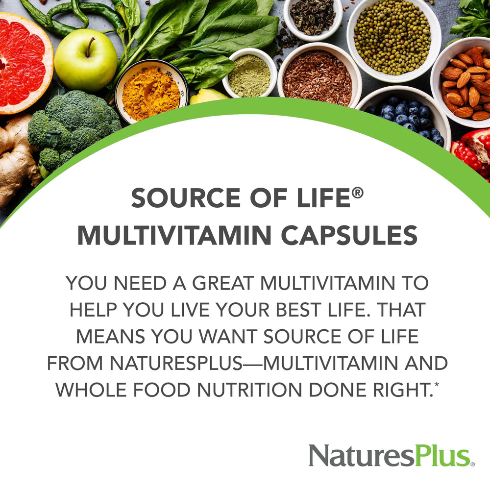 NaturesPlus Source of Life capsules arranged for convenient daily use.