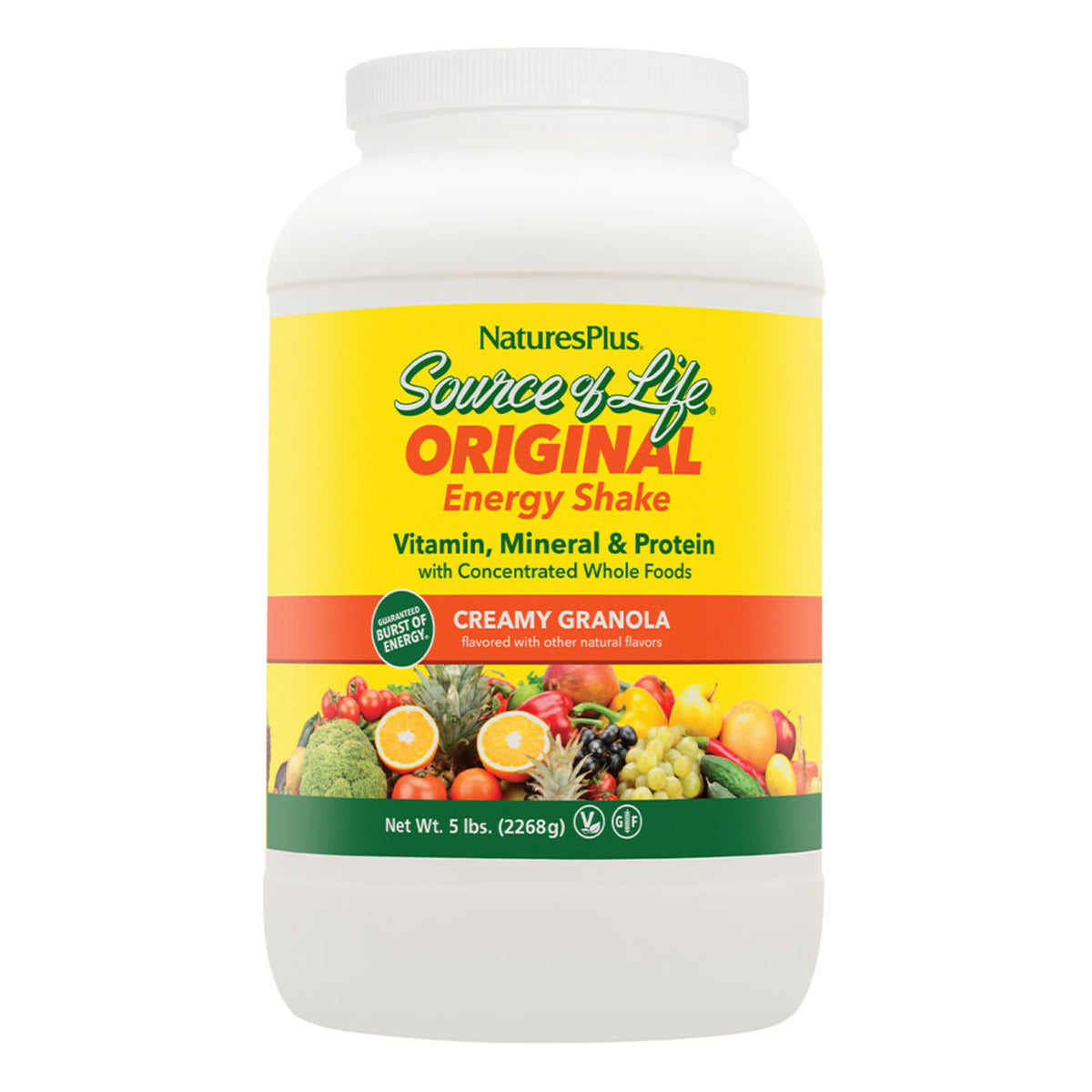NaturesPlus Source of Life Energy Shake granola bottle for everyday nutrition.