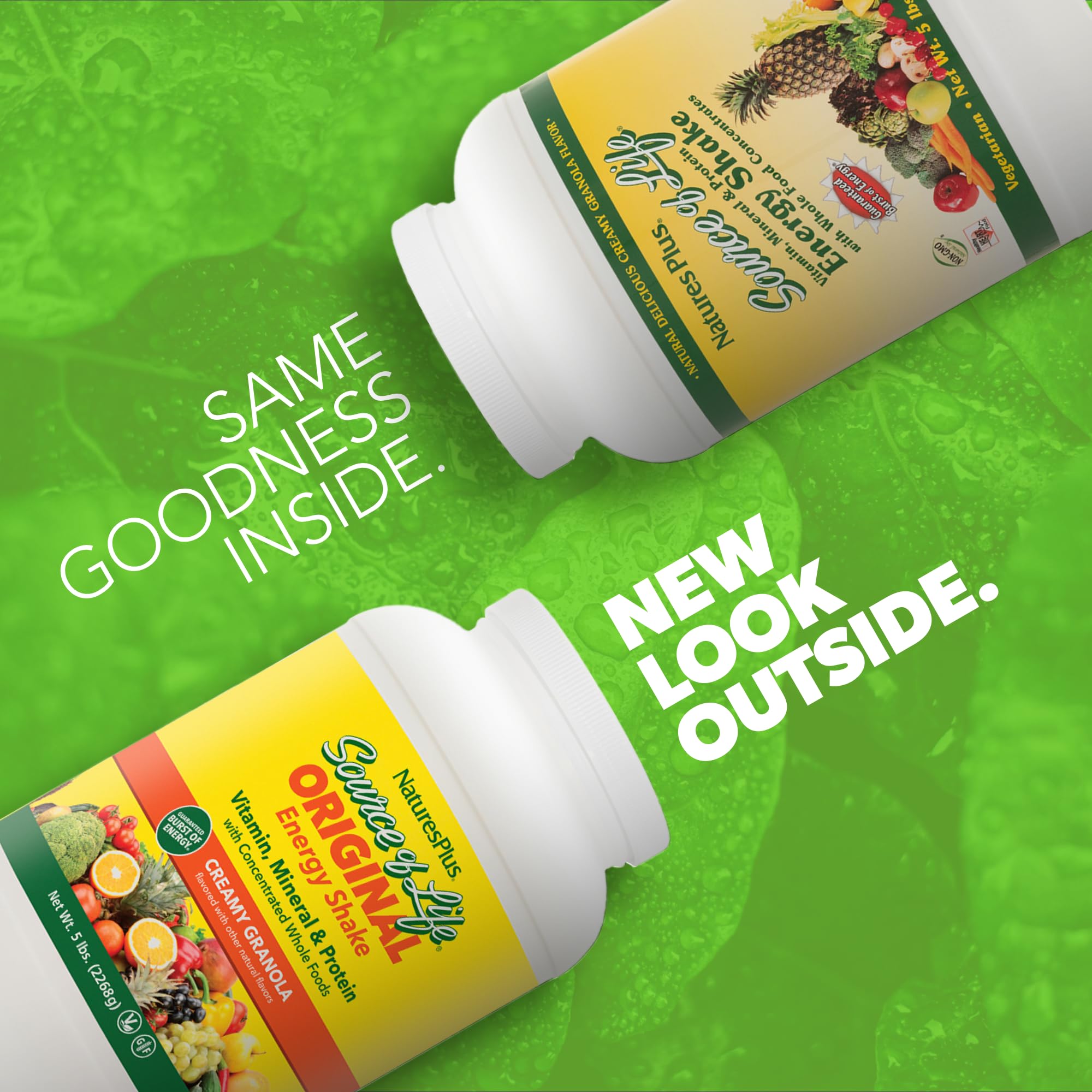 NaturesPlus Source of Life Energy Shake granola powder with scoop for quick, balanced meals.