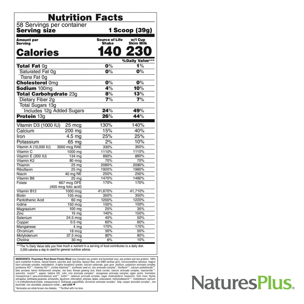 NaturesPlus energy shake powder with scoop and measuring cup for easy mix.
