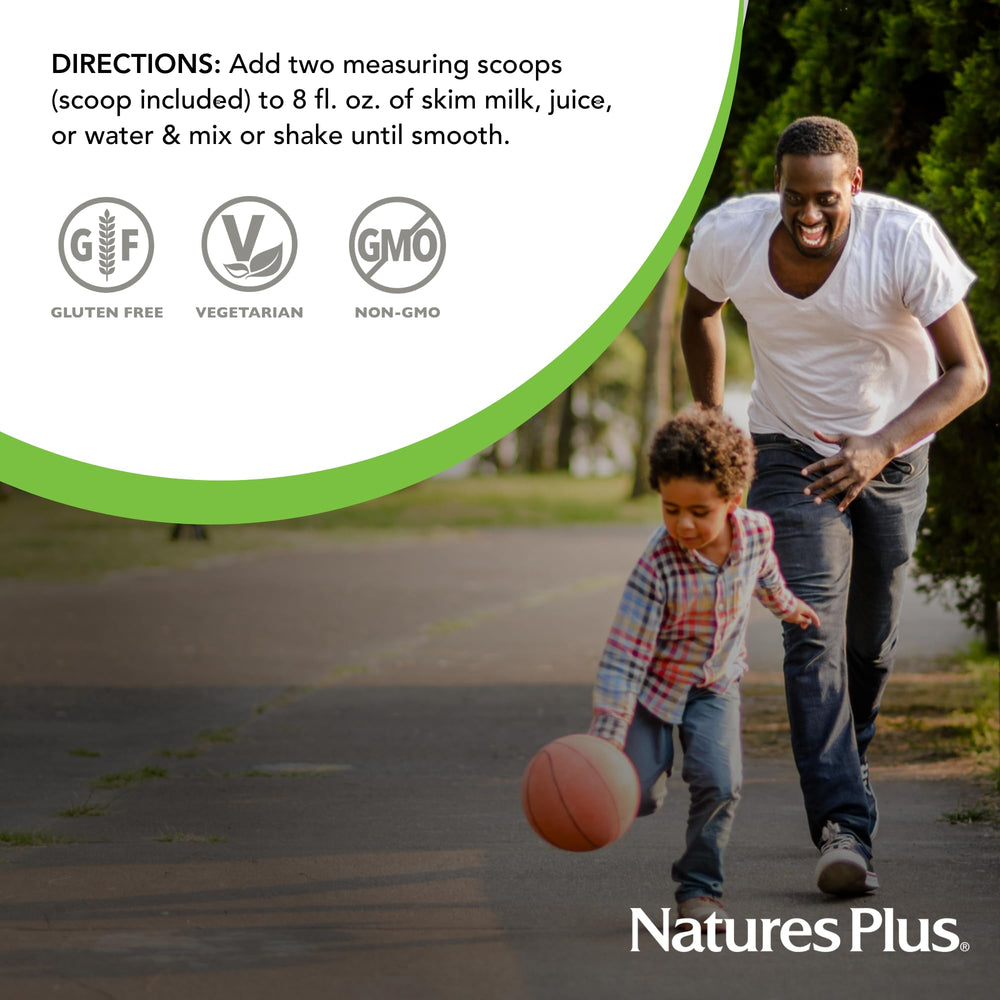 Nutrition panel close-up on NaturesPlus Source of Life Energy Shake; overview of vitamins and minerals.