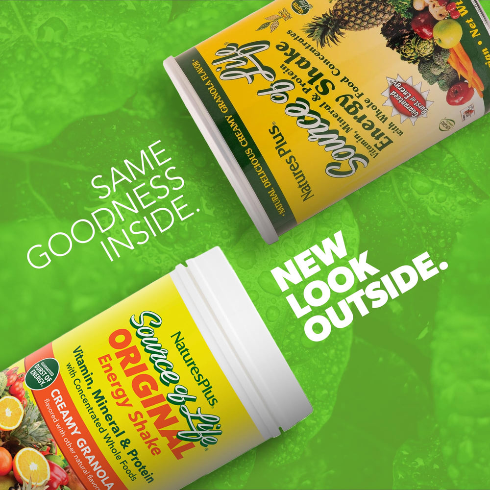 Close-up of NaturesPlus Source of Life Energy Shake powder scoop enhancing daily nutrition.