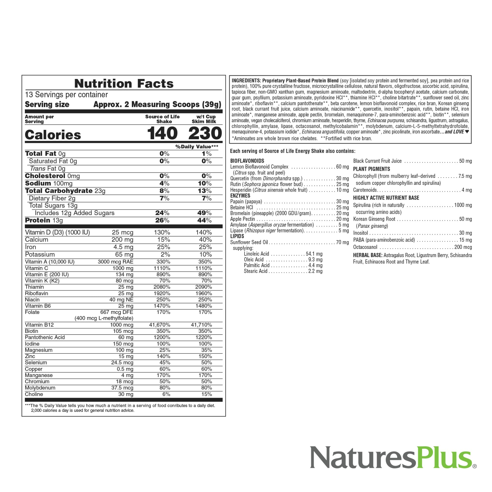 Scoop of NaturesPlus Source of Life Energy Shake being added to blender for a meal option.