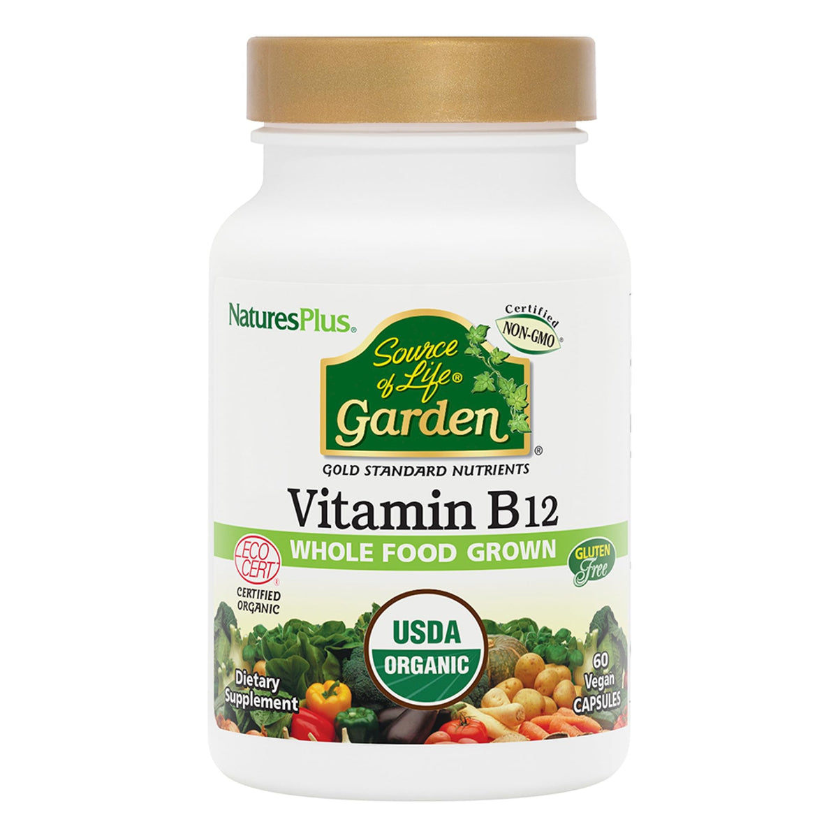 NaturesPlus Source of Life Garden B12 bottle front, vegan energy support.