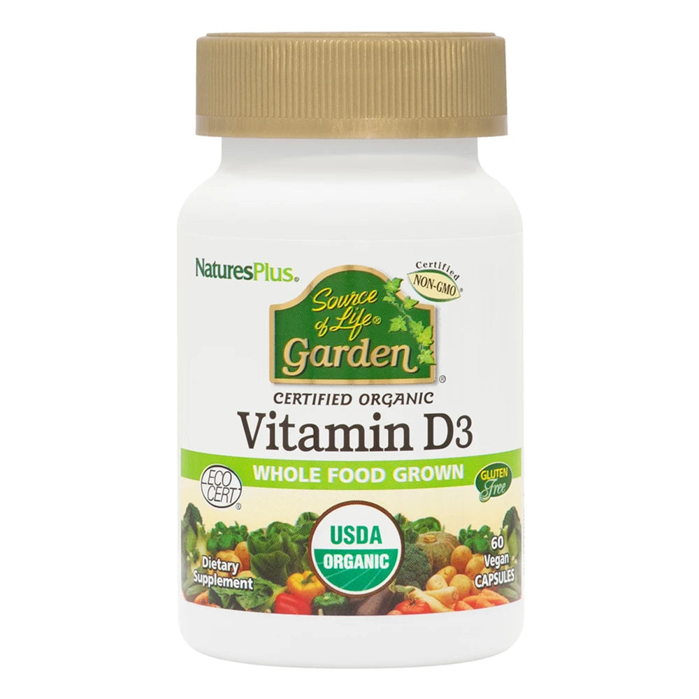 NaturesPlus Source of Life Garden D3 bottle shows plant-based 5000 IU vitamin D3 for daily support