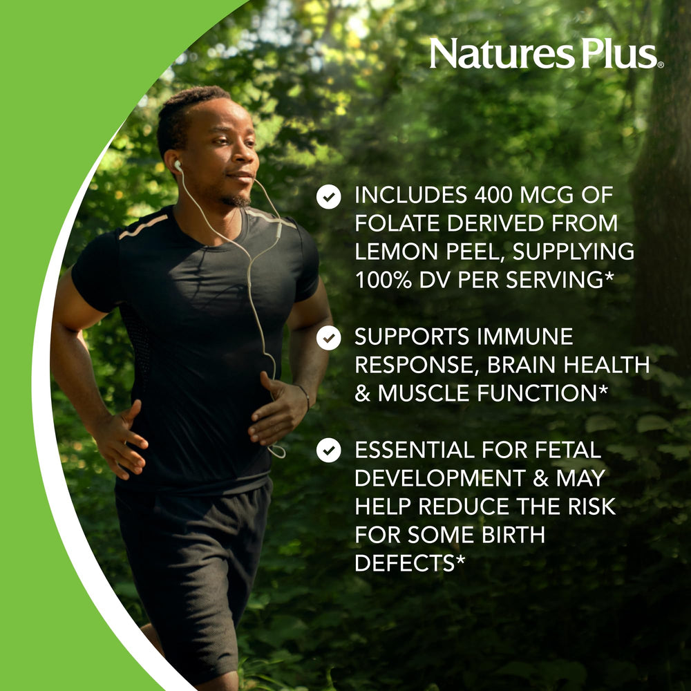 NaturesPlus Source of Life Garden Folate capsules in bottle showing plant-based vegan source