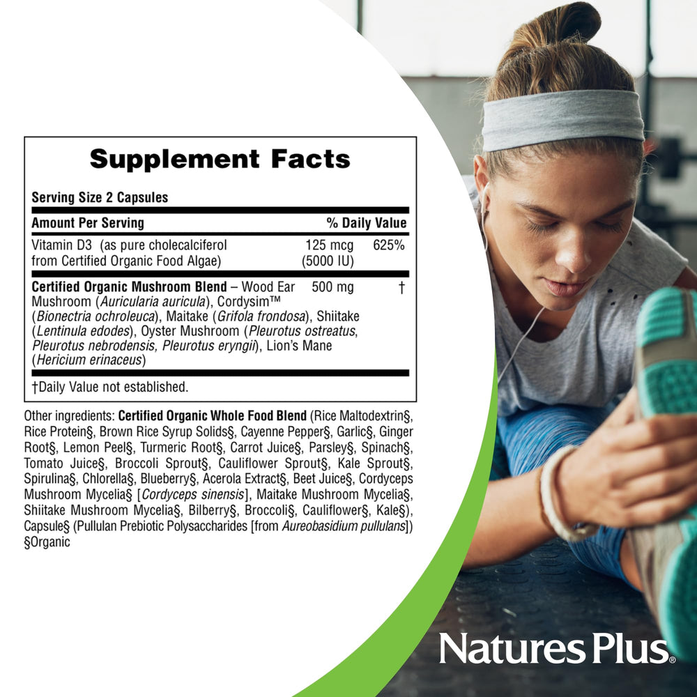 NaturesPlus Source of Life Garden organic mushrooms illustrate the plant-derived D3 source