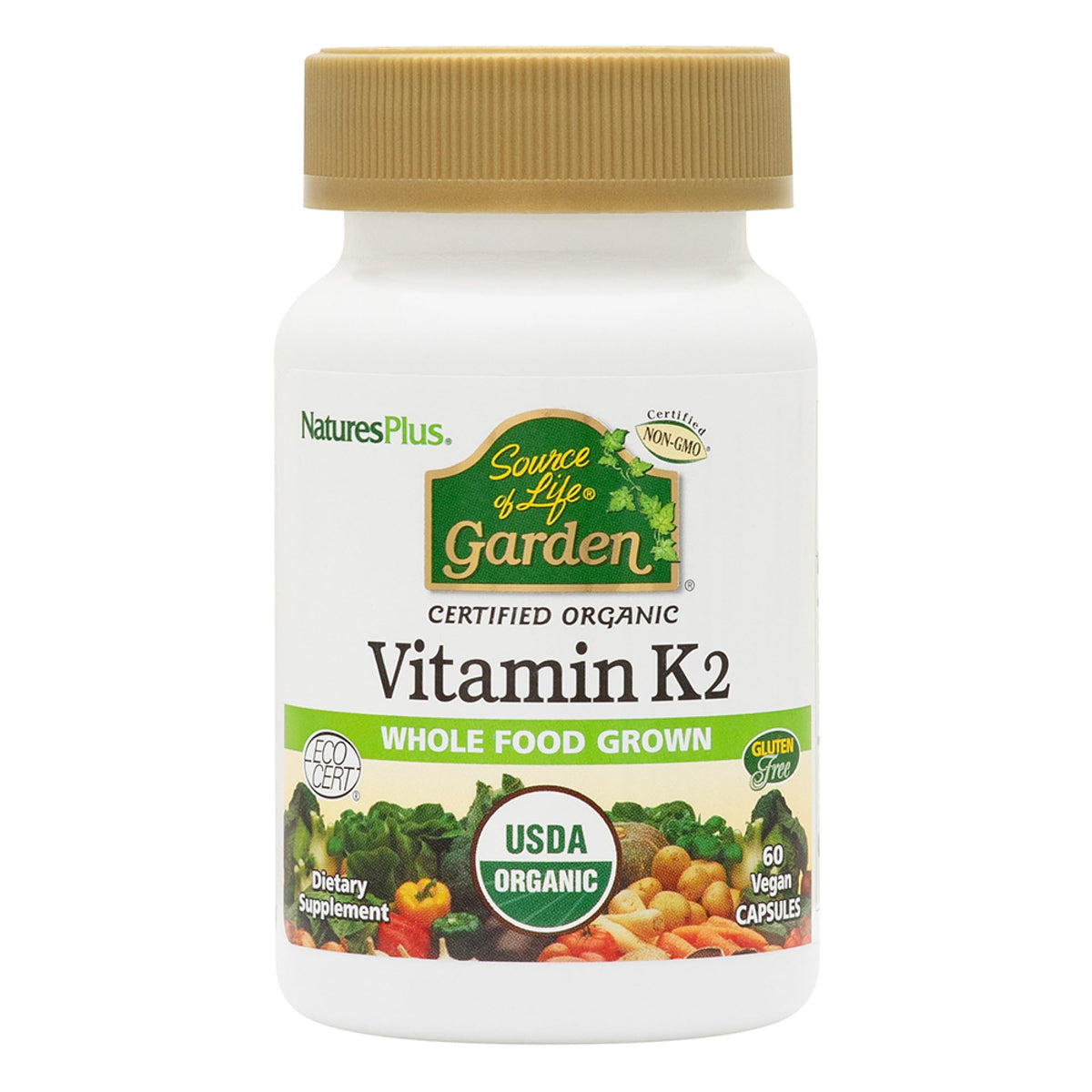 NaturesPlus Source of Life Garden Vitamin K2-60 vegan capsules bottle pour shows easy daily use for bone support.