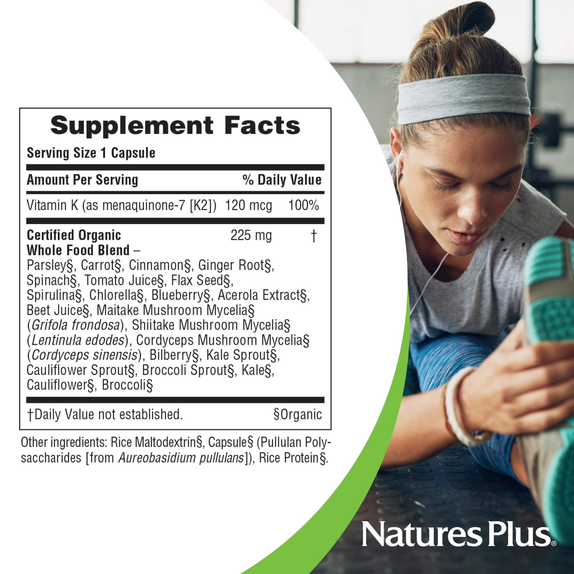 NaturesPlus Source of Life Garden Vitamin K2-60 capsules pack-front displays 120 servings in two bottles.
