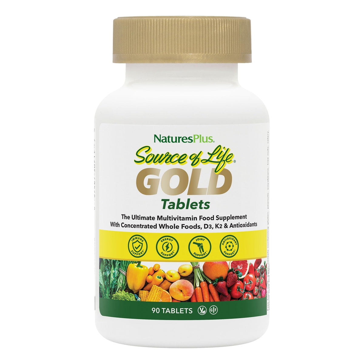 NaturesPlus Source of Life Gold bottle label showing vegetarian and gluten-free formula.