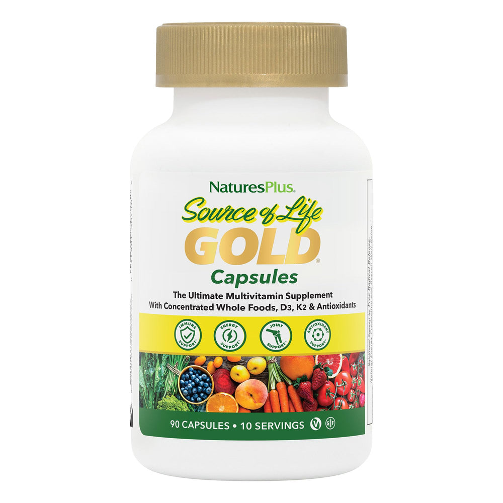 NaturesPlus Source of Life Gold bottle shows a complete multivitamin for daily energy support