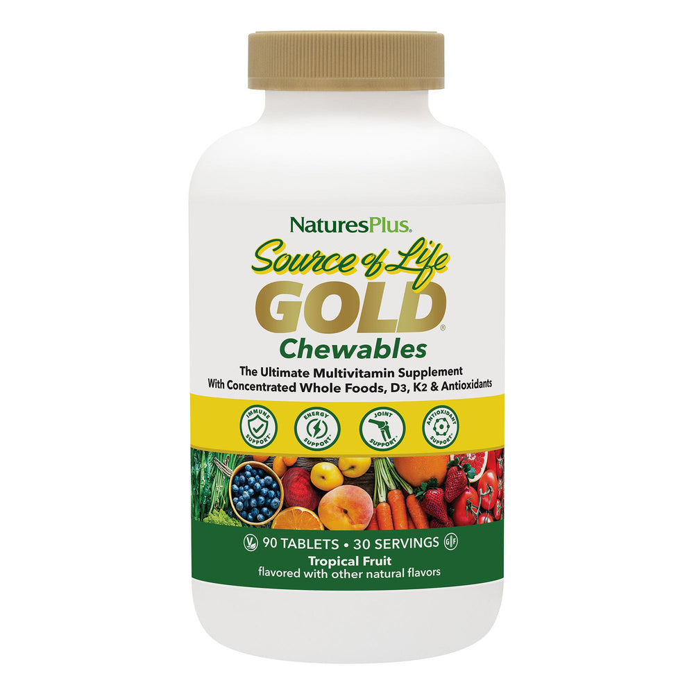 NaturesPlus Source of Life Gold chewables bottle front showing tropical fruit flavor for daily wellness