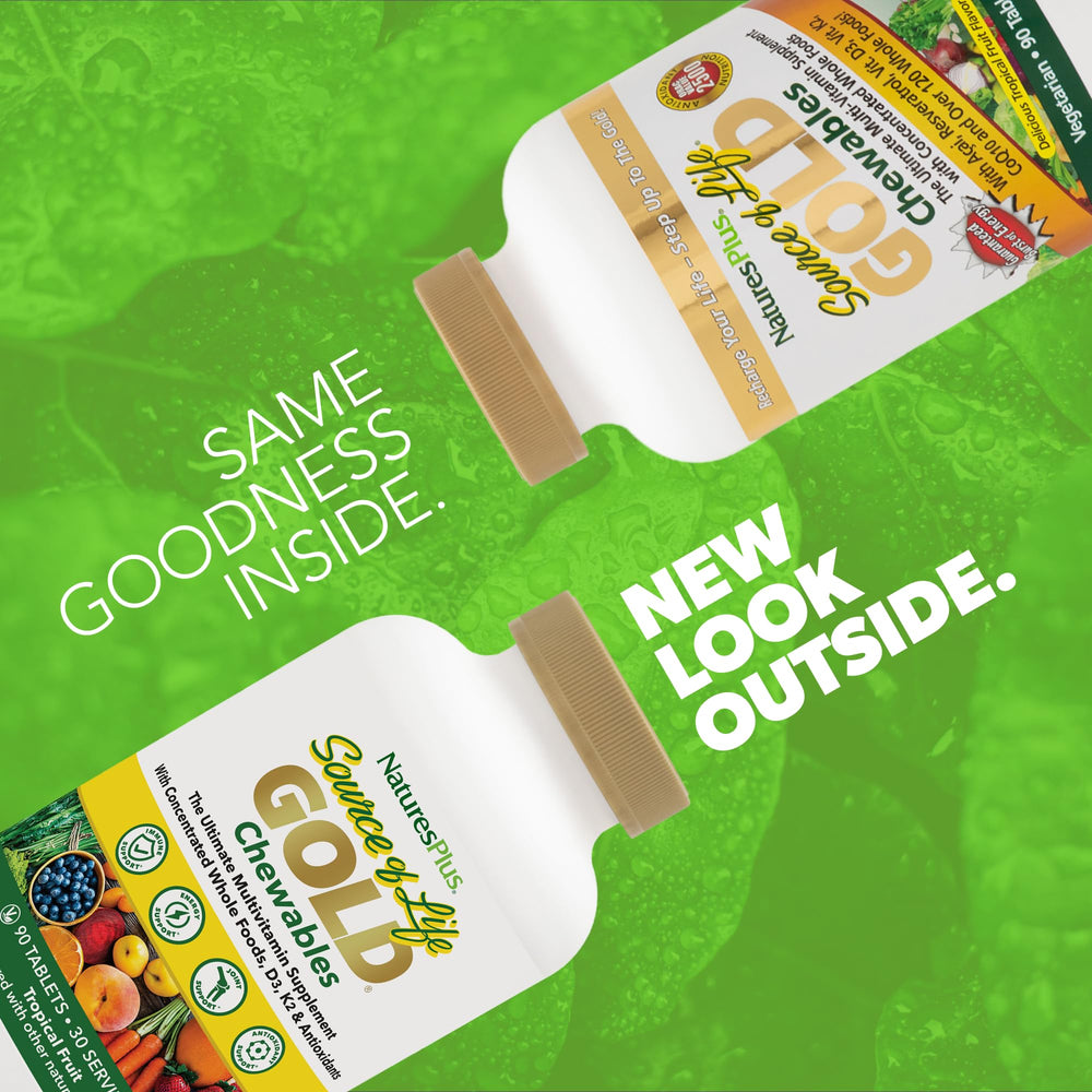 NaturesPlus Source of Life Gold chewables bottle open with tablets visible for convenient daily use