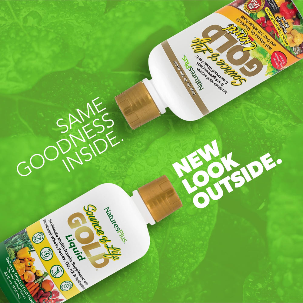NaturesPlus Source of Life Gold label closeup shows trusted ingredients and quality