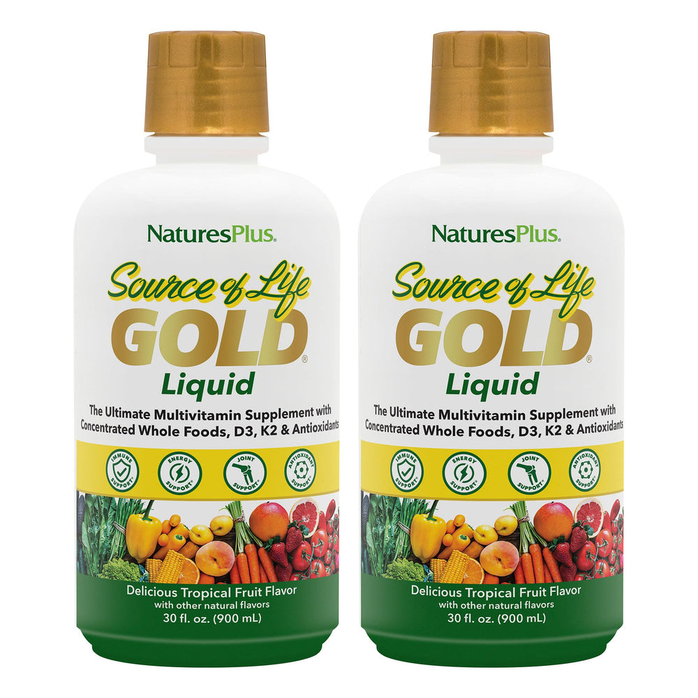 NaturesPlus Source of Life Gold Liquid bottle front supports daily energy potential.